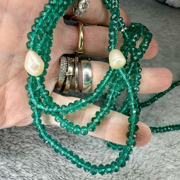 Flapper Length 56” Emerald Green Genuine Faceted Beads Necklace Genuine Pearls - Picture 3 of 4